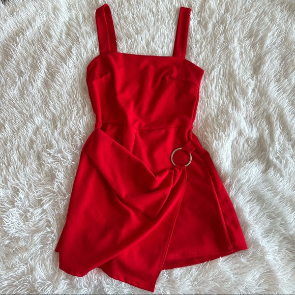 NWOT Red Overlay Asymmetrical Skirt O-Ring Romper - Picture 6 of 9